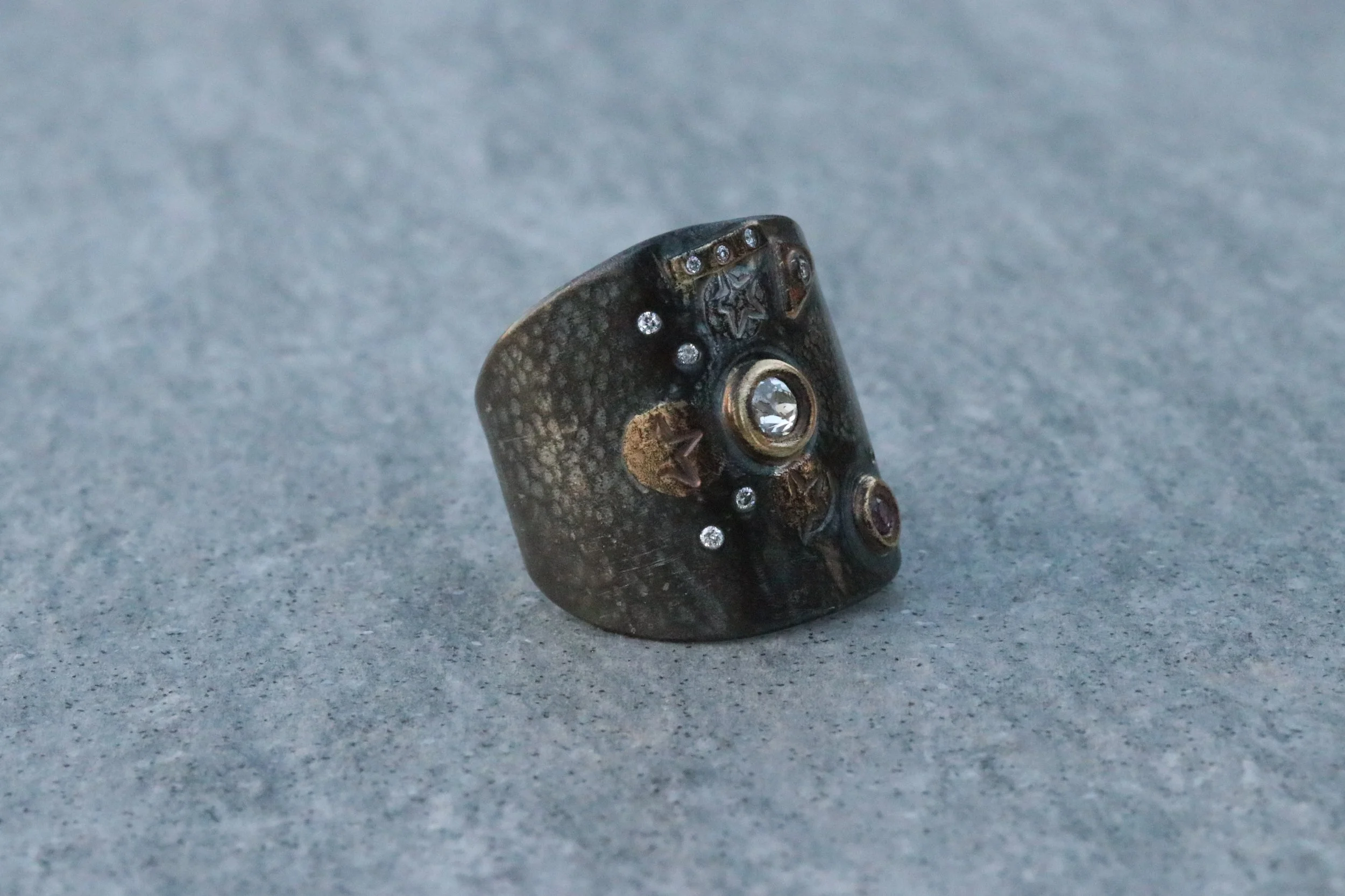 Antique Diamond & Ruby Fusion Shield Ring by Big Sur Goldsmiths