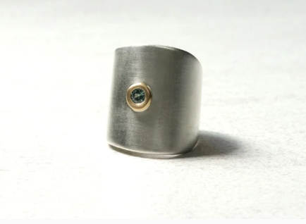 Blue Sapphire Saddle Ring in 22k Gold & Brushed Sterling Silver