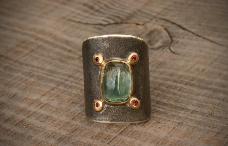 Bi-Color Tourmaline and Spinels Saddle Ring in 22k Gold & Sterling Silver