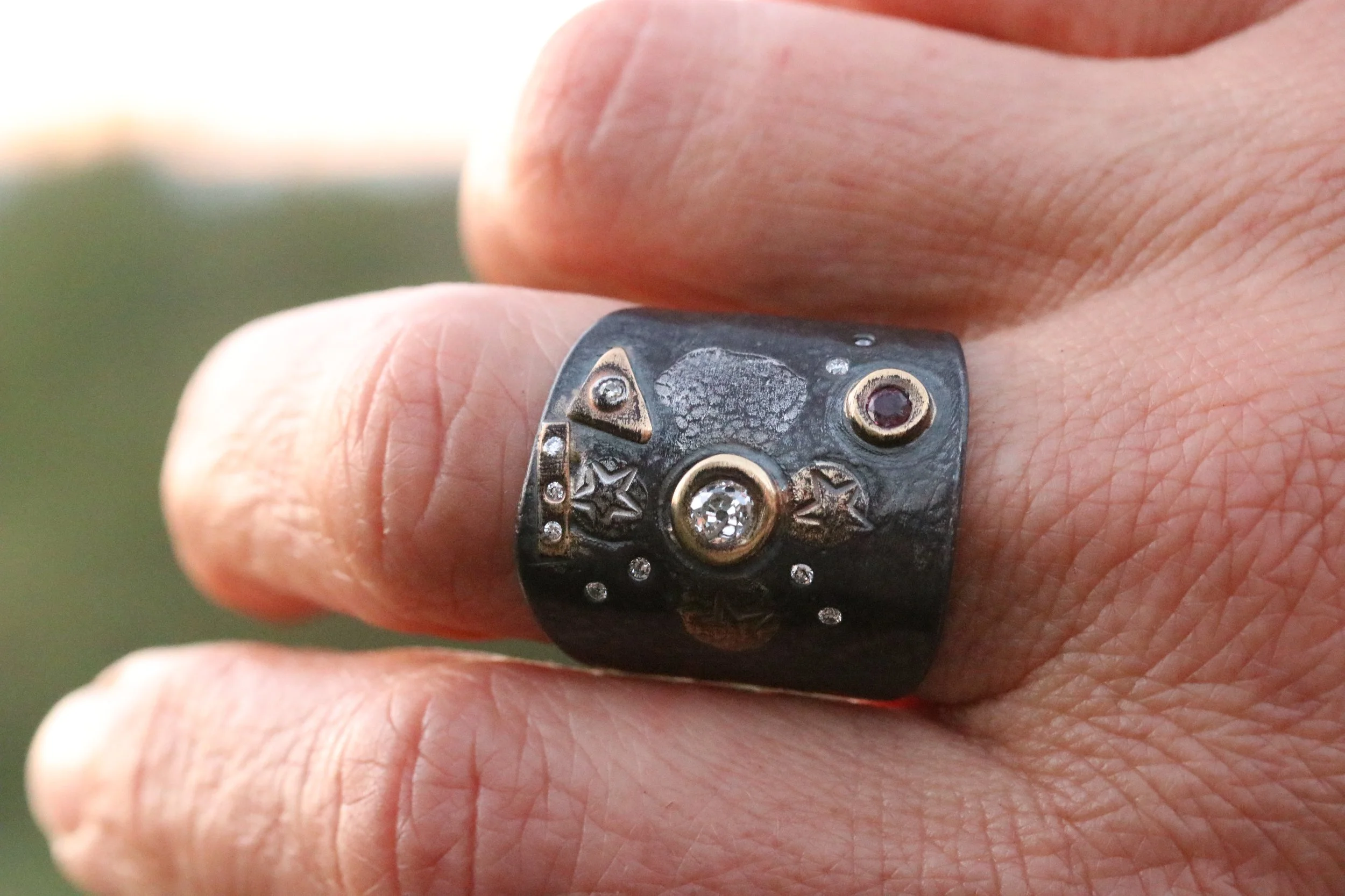 Antique Diamond & Ruby Fusion Shield Ring by Big Sur Goldsmiths