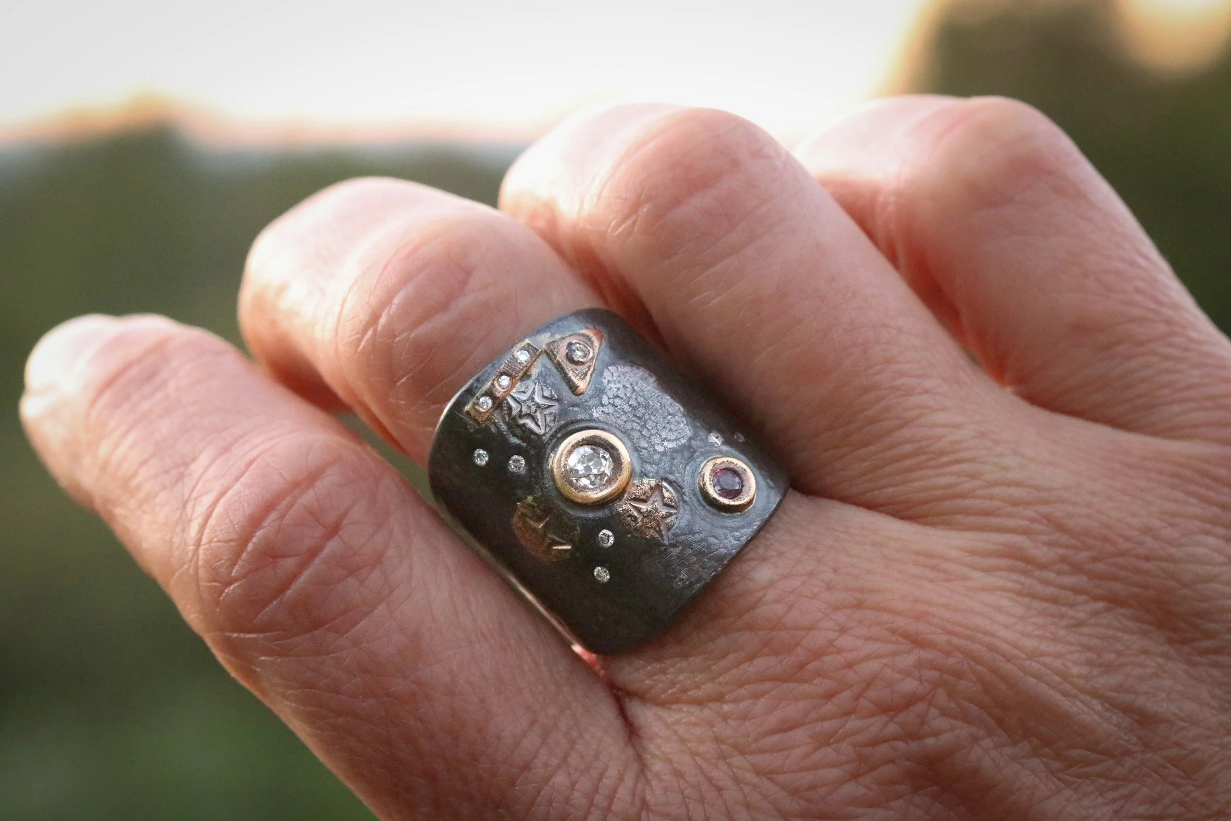 Antique Diamond & Ruby Fusion Shield Ring by Big Sur Goldsmiths