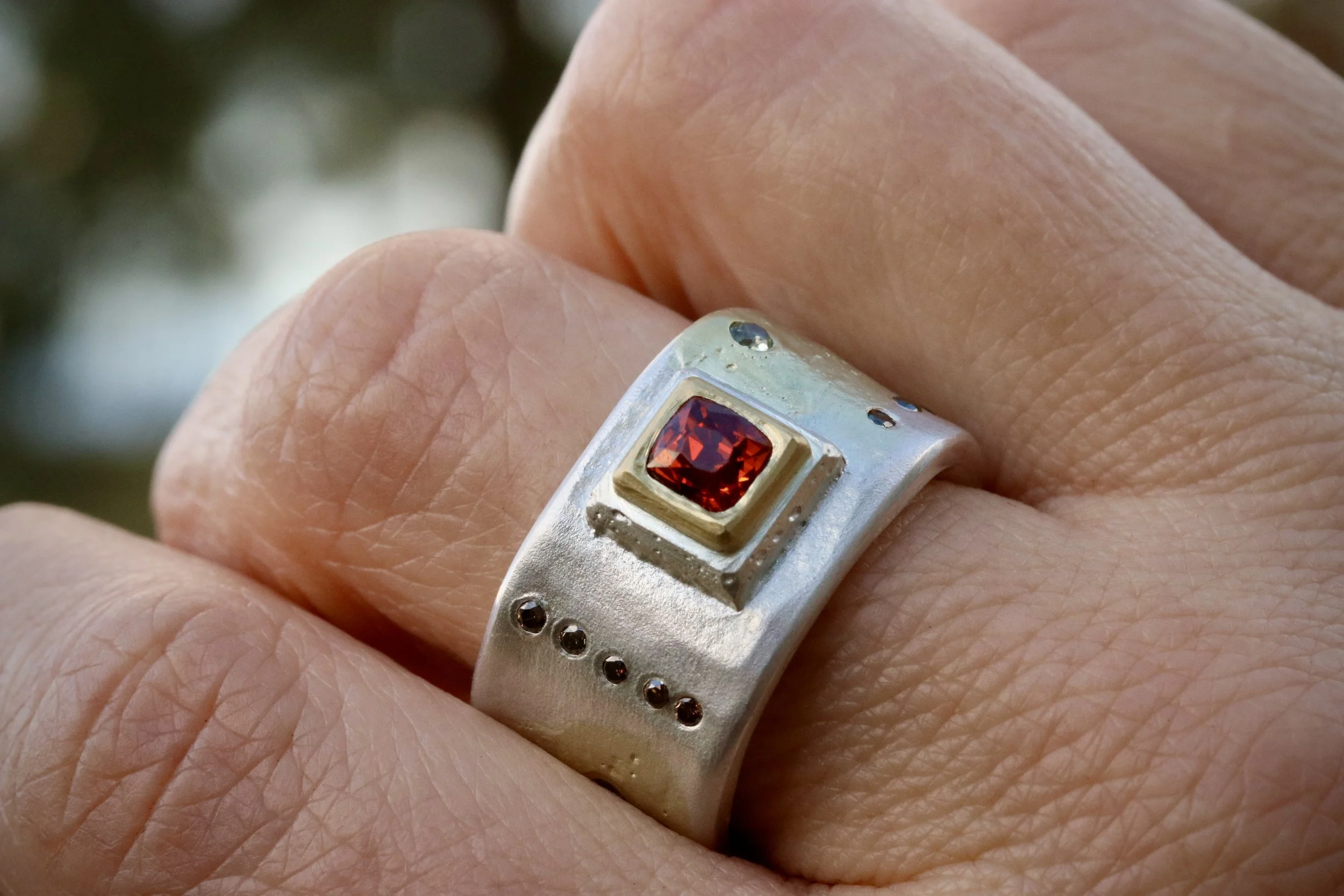 Garnet, Diamonds, & Sapphires Forged Cigar Band by Big Sur Goldsmiths
