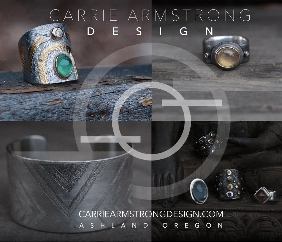 Jewelry and accessories displayed on wooden surfaces with text promoting Carrie Armstrong Design in Ashland, Oregon.