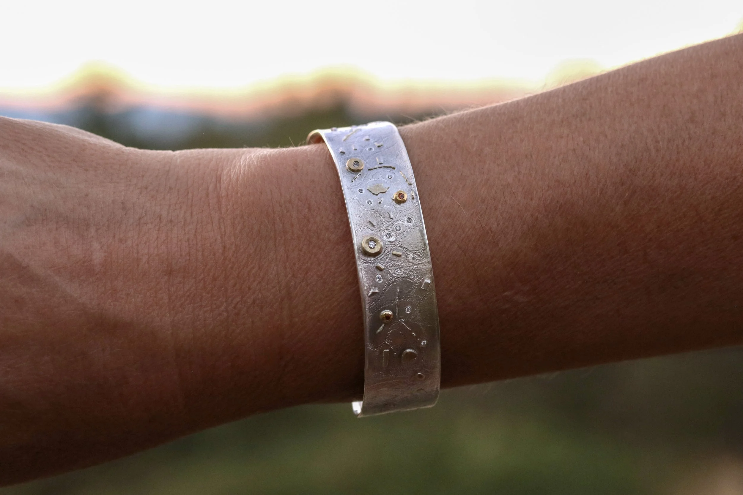 Diamond and Sapphire Cuff Bracelet in 22k Gold & Sterling Silver by Big Sur Goldsmiths