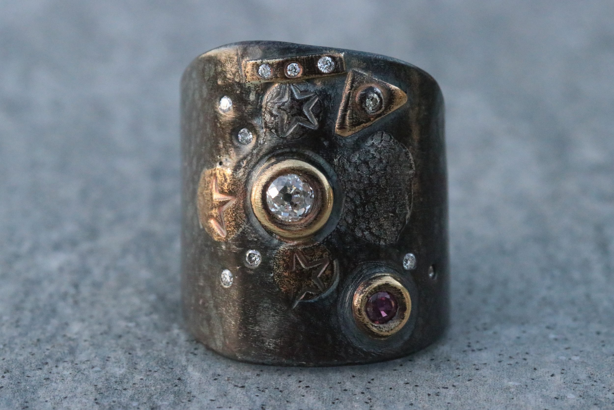 Antique Diamond & Ruby Fusion Shield Ring