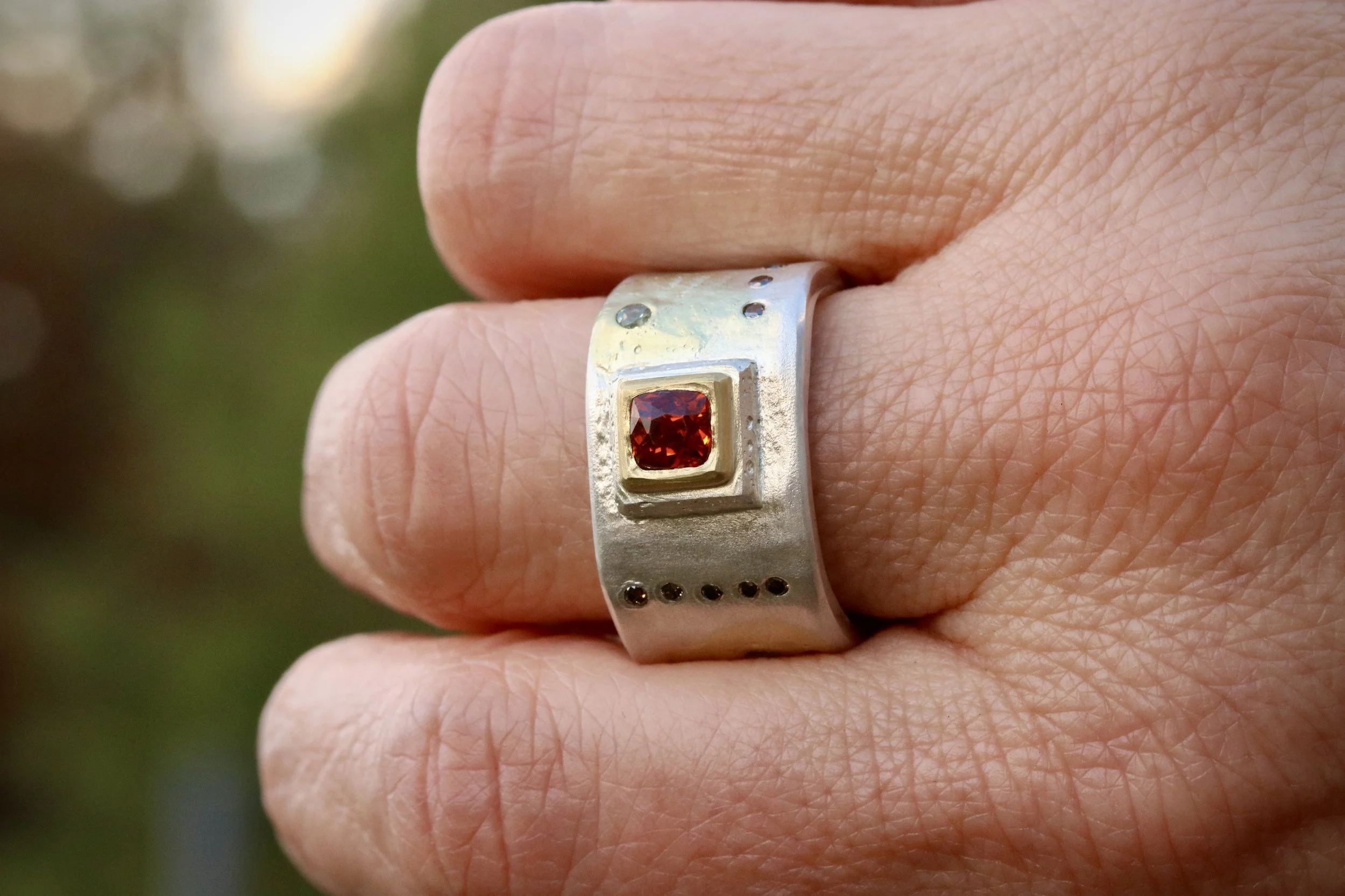 Garnet, Diamonds, & Sapphires Forged Cigar Band by Big Sur Goldsmiths