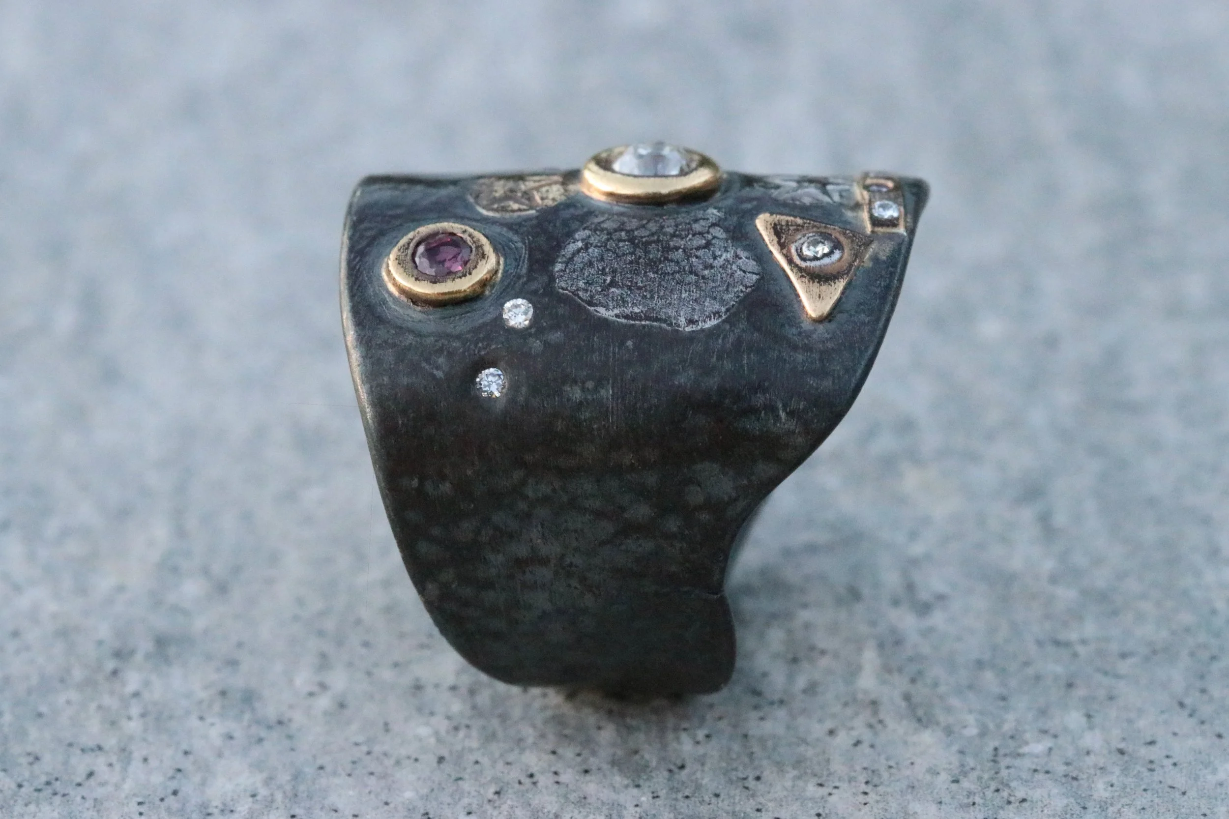 Antique Diamond & Ruby Fusion Shield Ring by Big Sur Goldsmiths