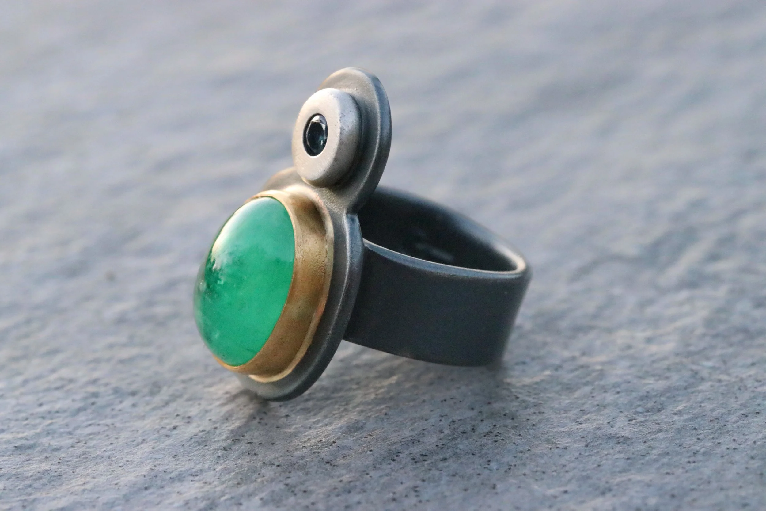 Emerald & Sapphire Diva Ring in Platinum/ 22K / Silver by Big Sur Goldsmiths