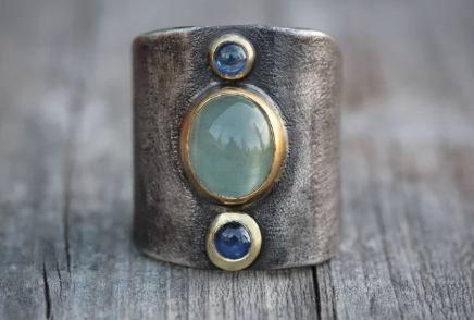 Green Beryl and Sapphire Shield Ring in 22k Gold and Sterling Silver .925