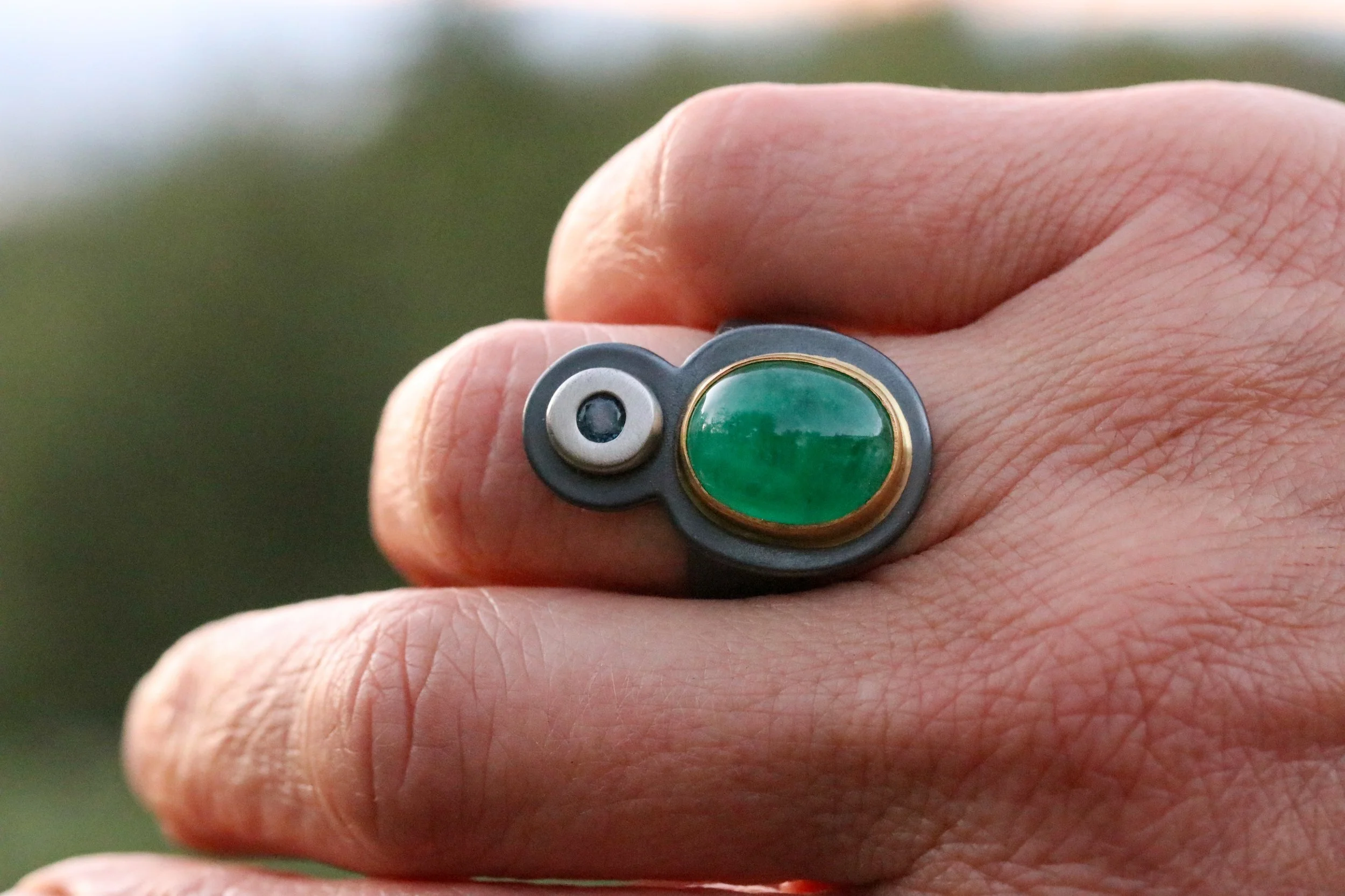 Emerald & Sapphire Diva Ring in Platinum/ 22K / Silver by Big Sur Goldsmiths