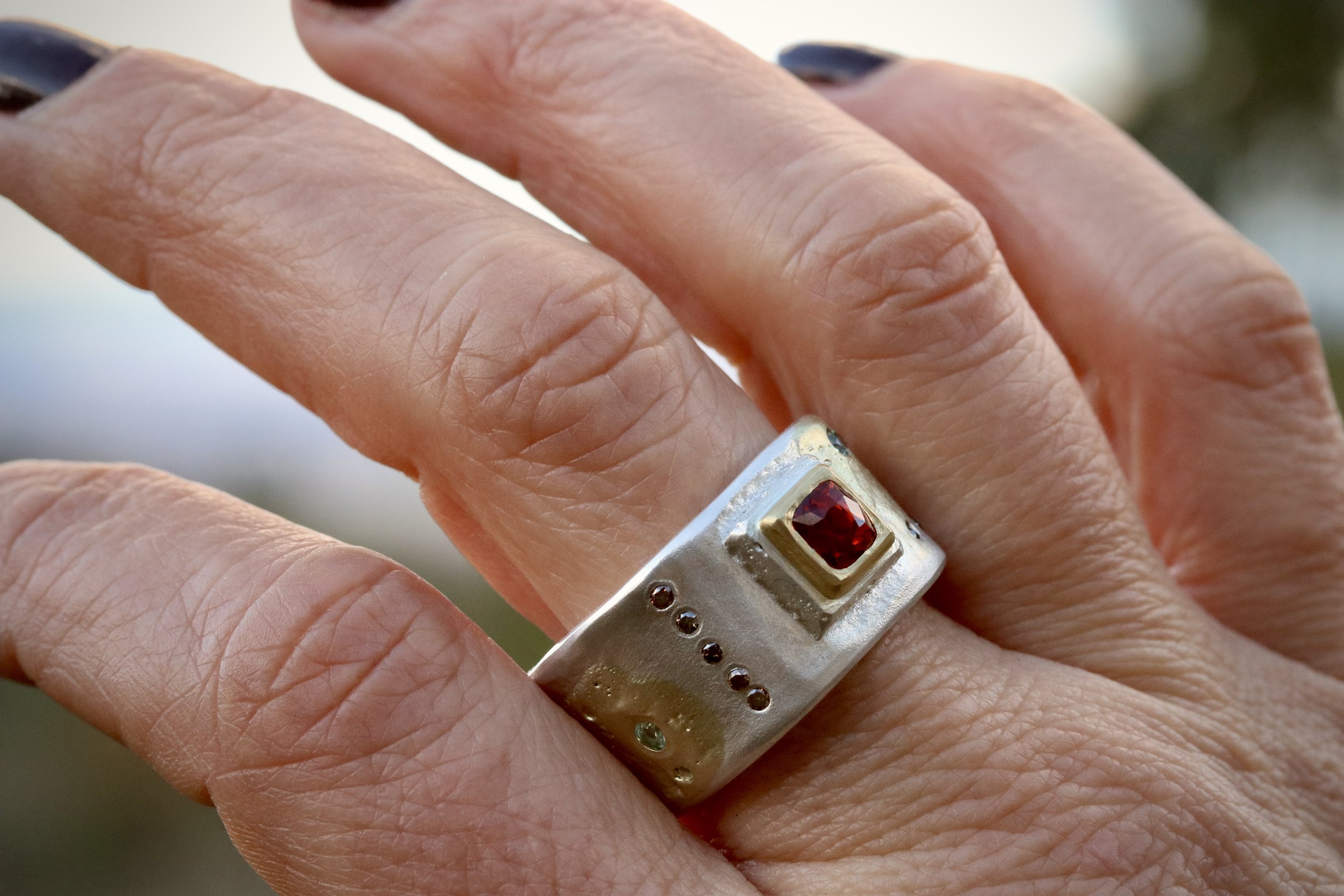Garnet, Diamonds, & Sapphires Forged Cigar Band by Big Sur Goldsmiths