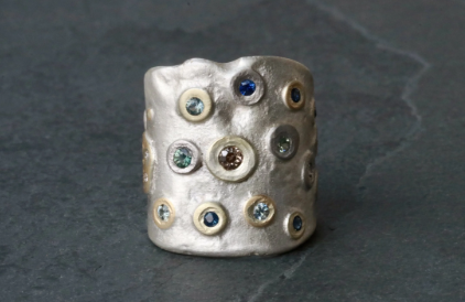 Sapphires Orbit - Sapphire & Diamond Saddle Ring in Platinum/ 22K Gold/Forged Sterling Silver