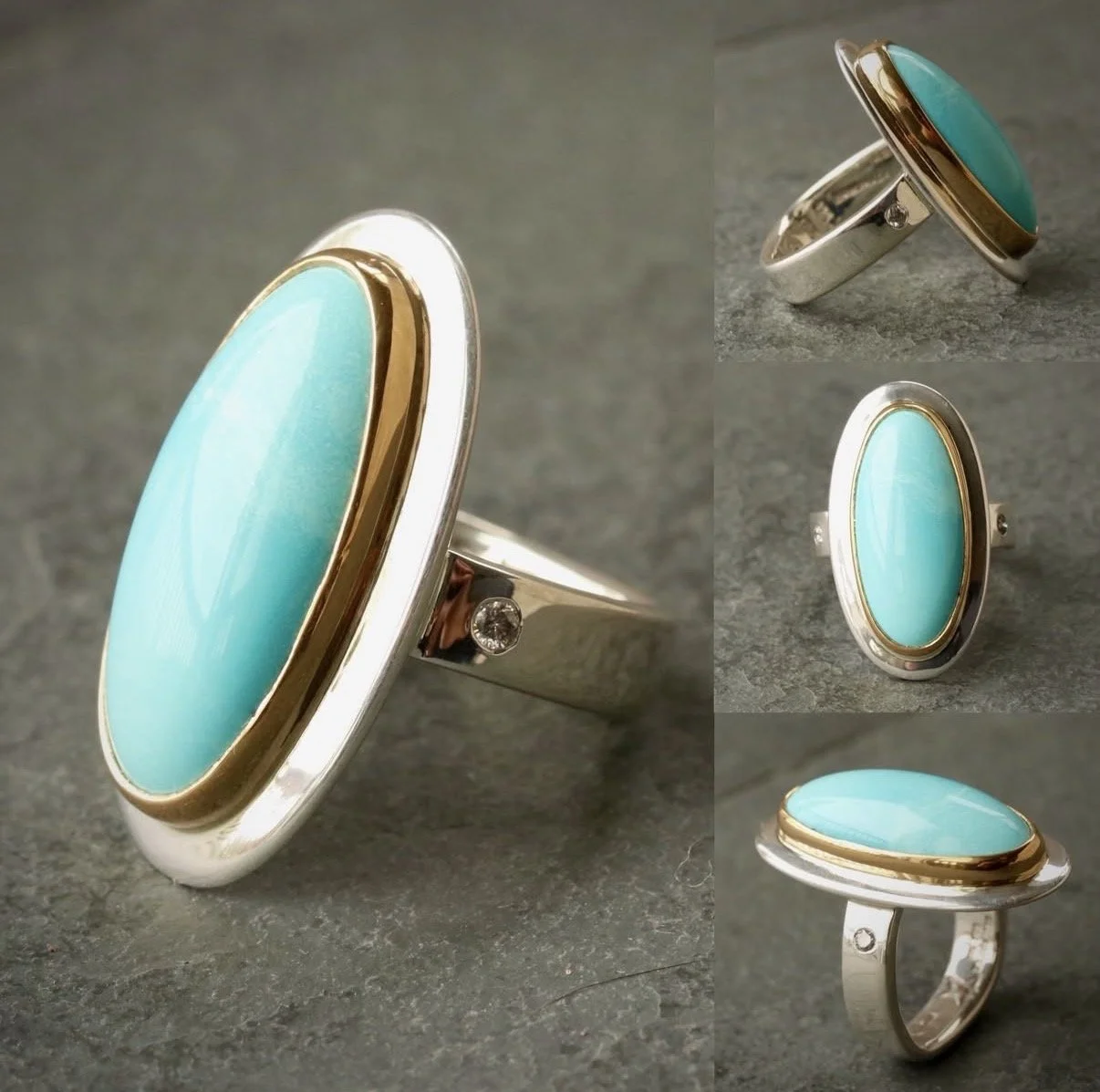 Carrie Armstrong Designs. A silver ring with a large oval turquoise stone bordered with a gold-colored trim and a small clear gemstone on the band.
