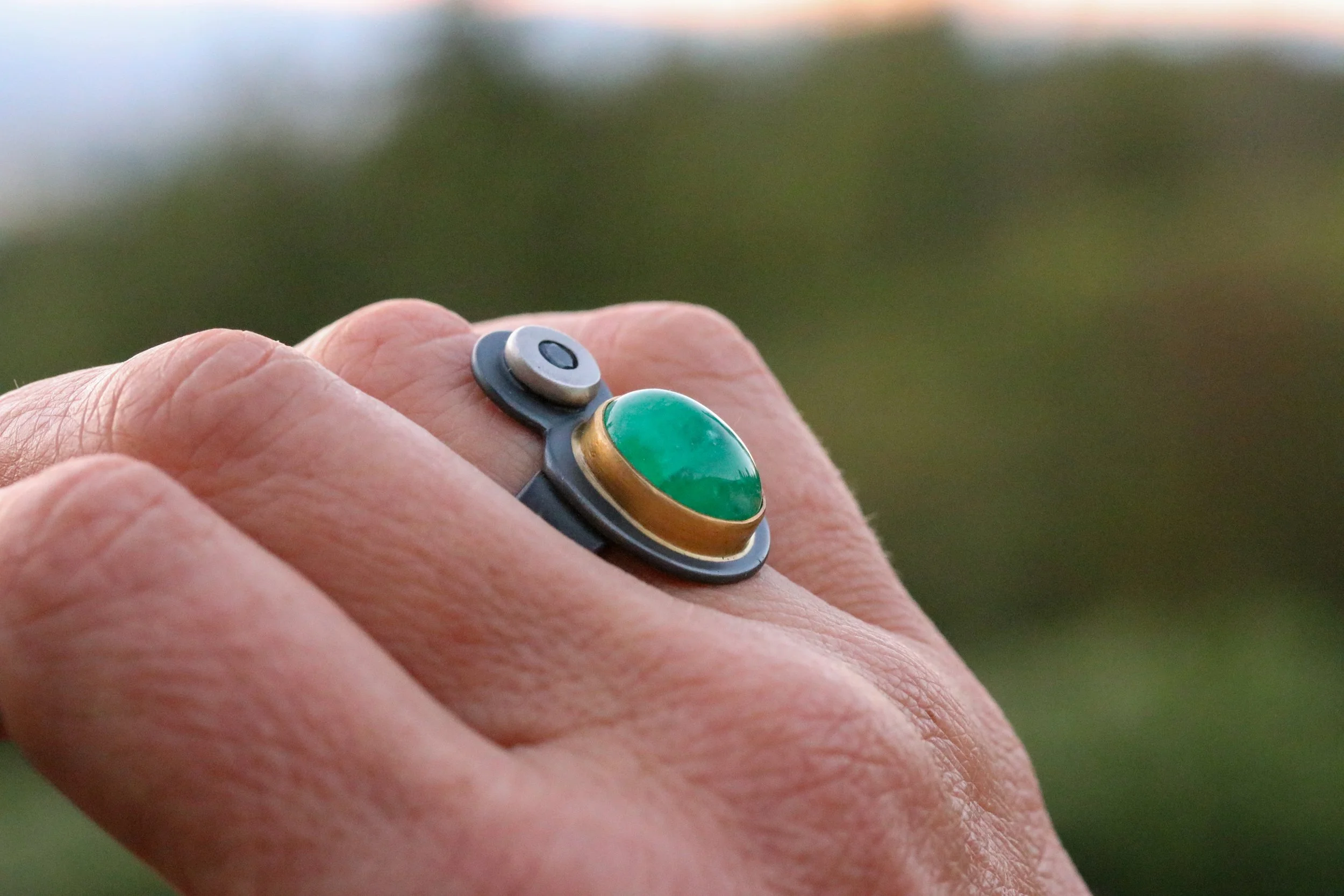 Emerald & Sapphire Diva Ring in Platinum/ 22K / Silver by Big Sur Goldsmiths