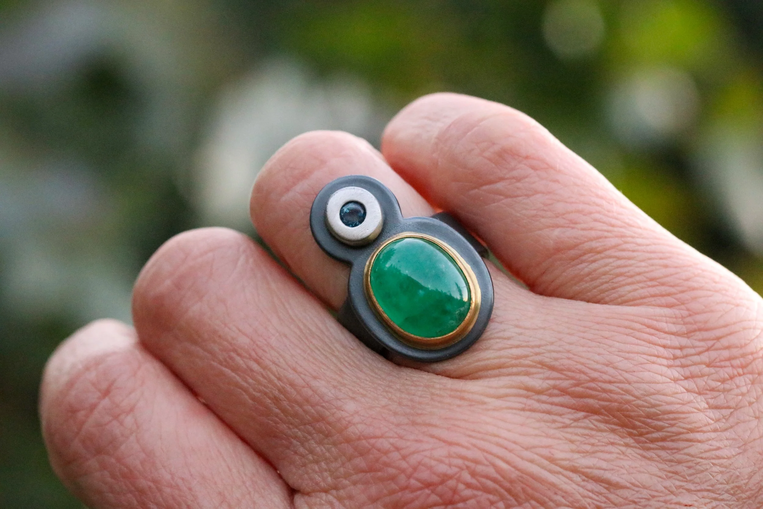 Emerald & Sapphire Diva Ring in Platinum/ 22K / Silver by Big Sur Goldsmiths
