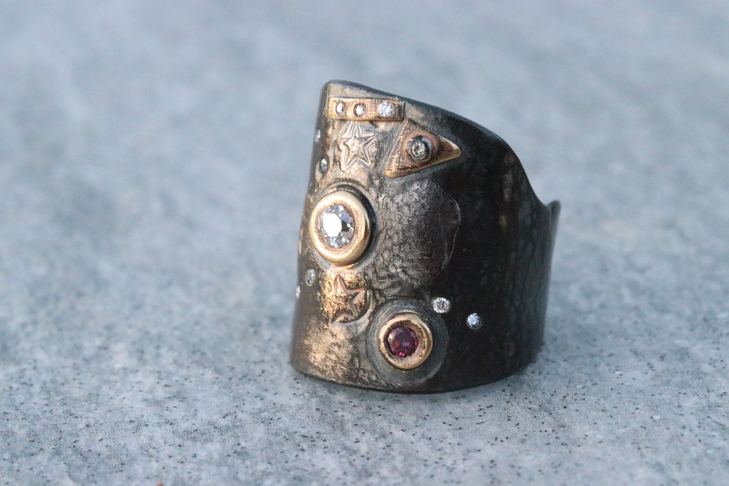 Antique Diamond & Ruby Fusion Shield Ring by Big Sur Goldsmiths