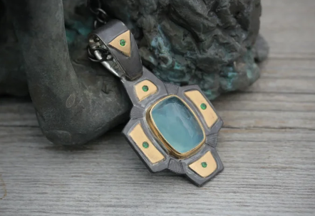 Aqua Vibes - Aquamarine and Tsavorite Garnets Pendant in 22k Gold & Oxidized Sterling Silver .925