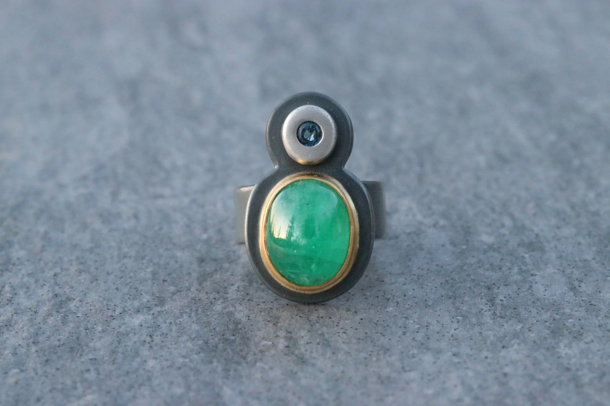 Emerald & Sapphire Diva Ring in Platinum/ 22K / Silver