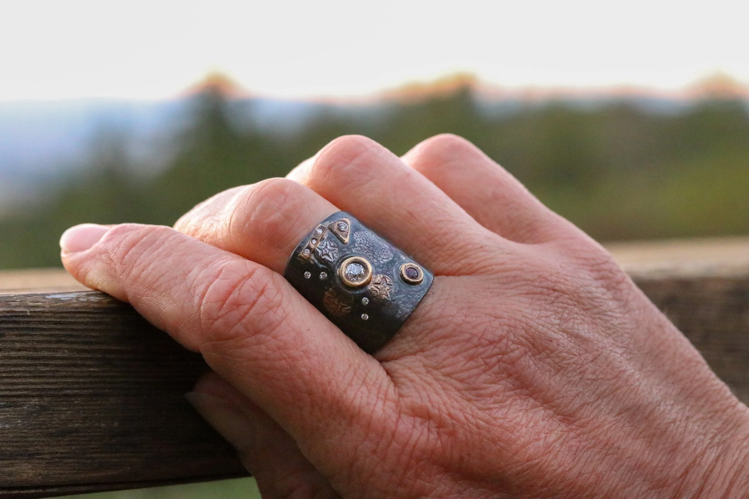 Antique Diamond & Ruby Fusion Shield Ring by Big Sur Goldsmiths