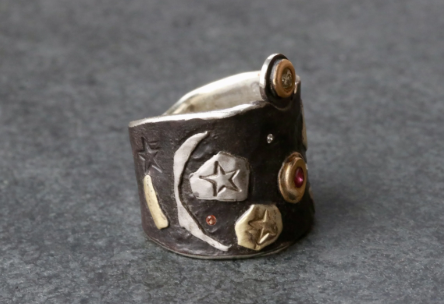 Celestial Relic Ring with Rubies, Antique Diamond & Padparadscha Sapphire in 22K Gold/ Platinum/ Oxidized Silver