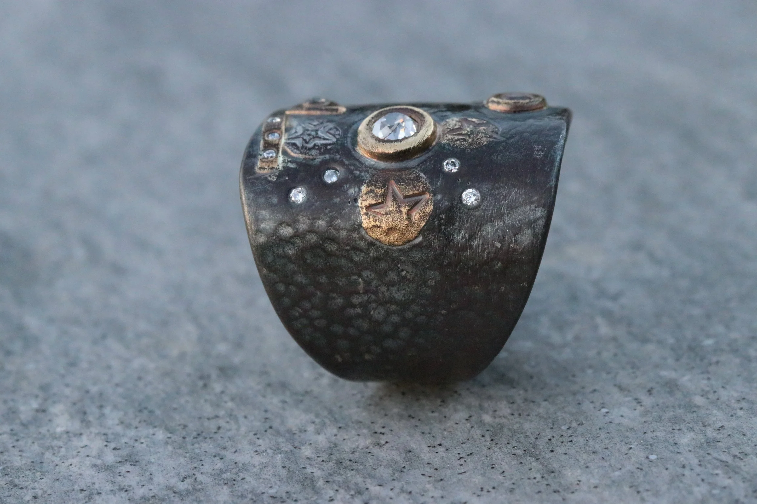 Antique Diamond & Ruby Fusion Shield Ring by Big Sur Goldsmiths