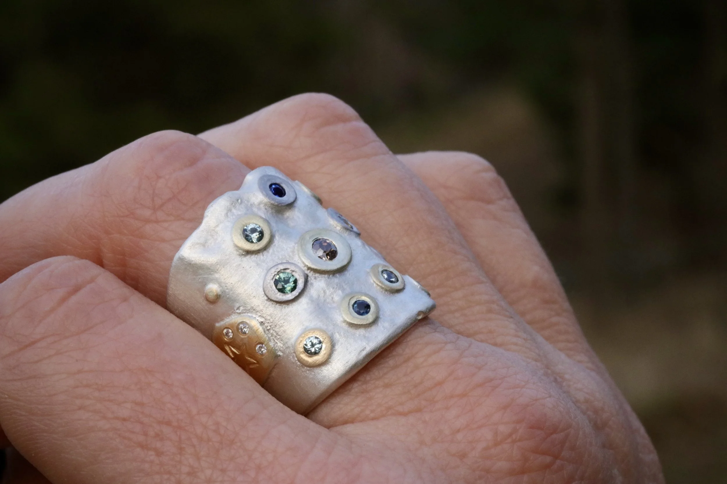 Sapphire & Diamond Saddle Ring in Platinum/ 22K Gold/Forged Sterling Silver