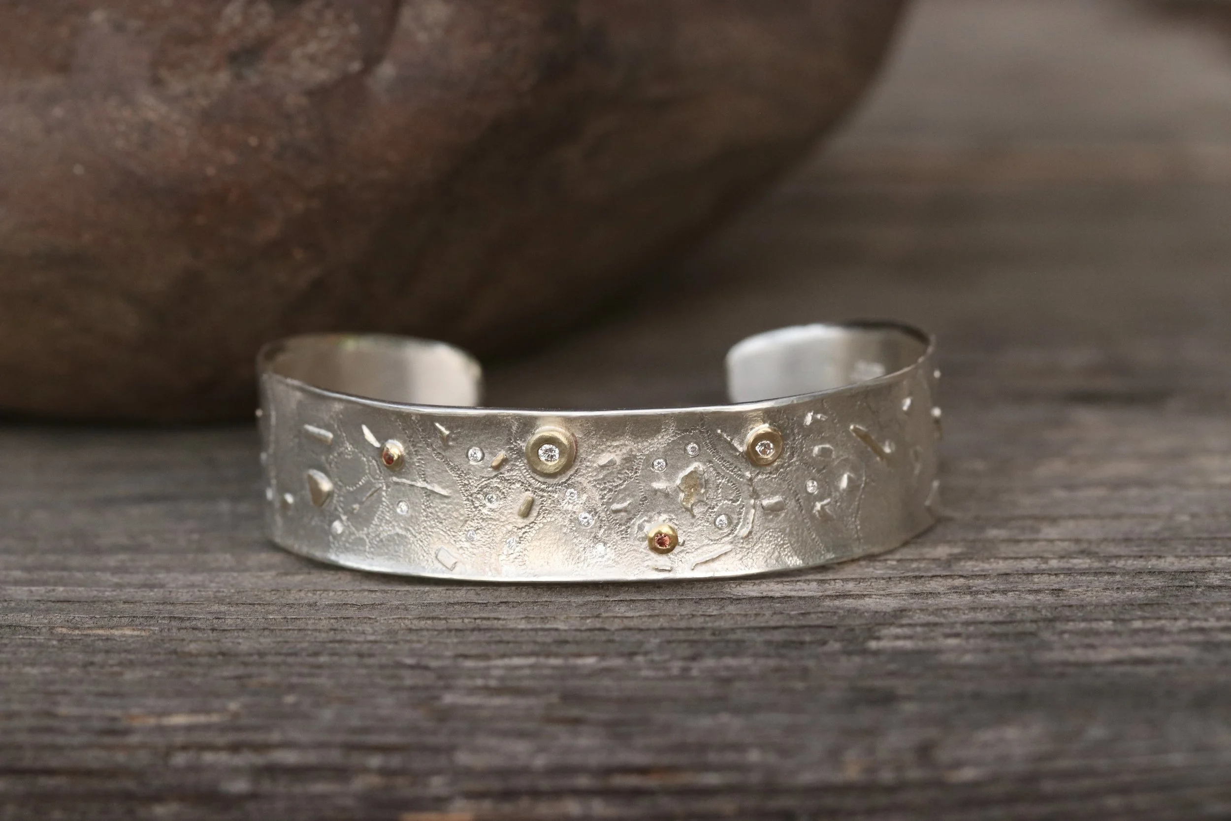 Diamond and Sapphire Cuff Bracelet in 22k Gold & Sterling Silver by Big Sur Goldsmiths