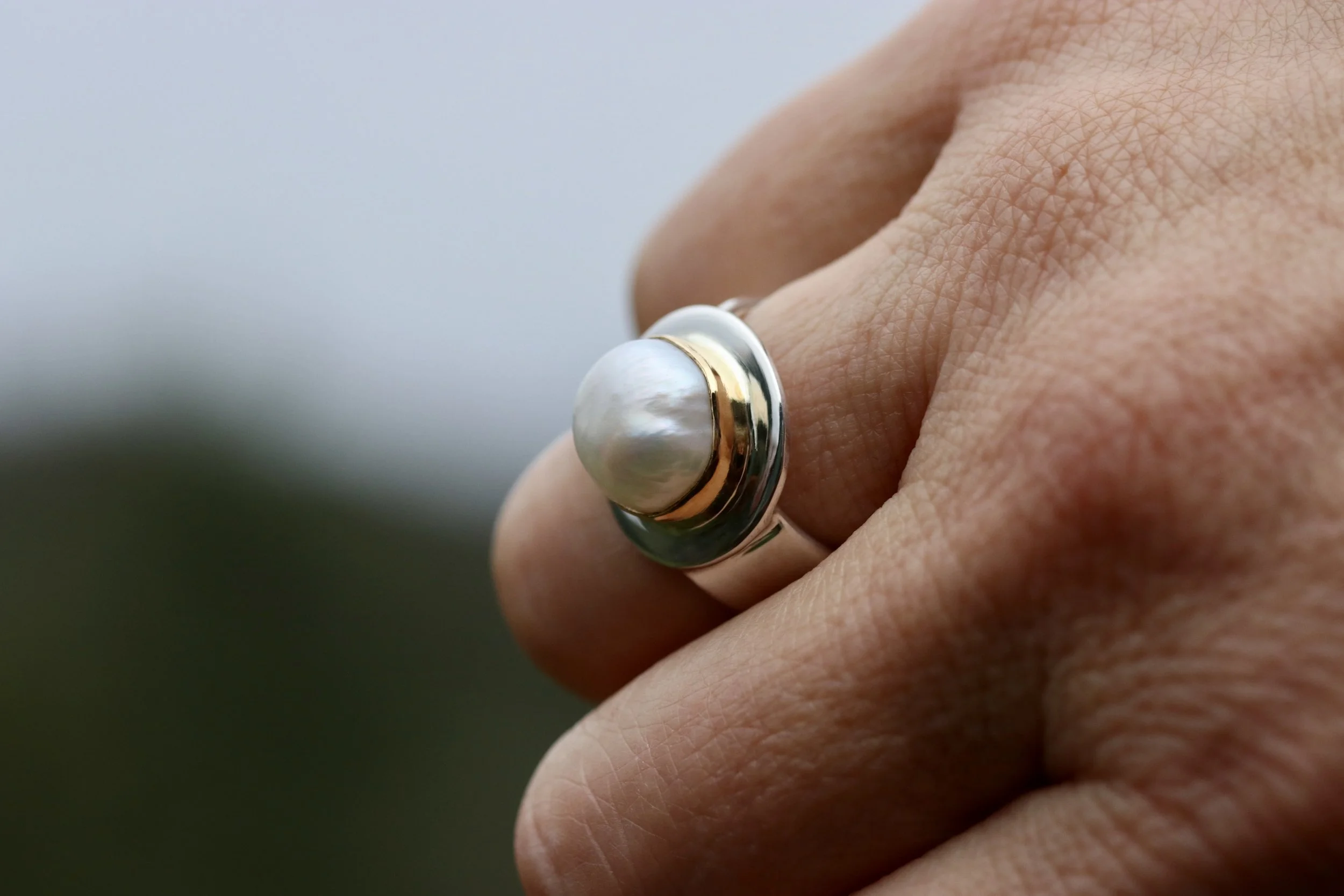 Pearl Ring in 22K Gold & Sterling Silver