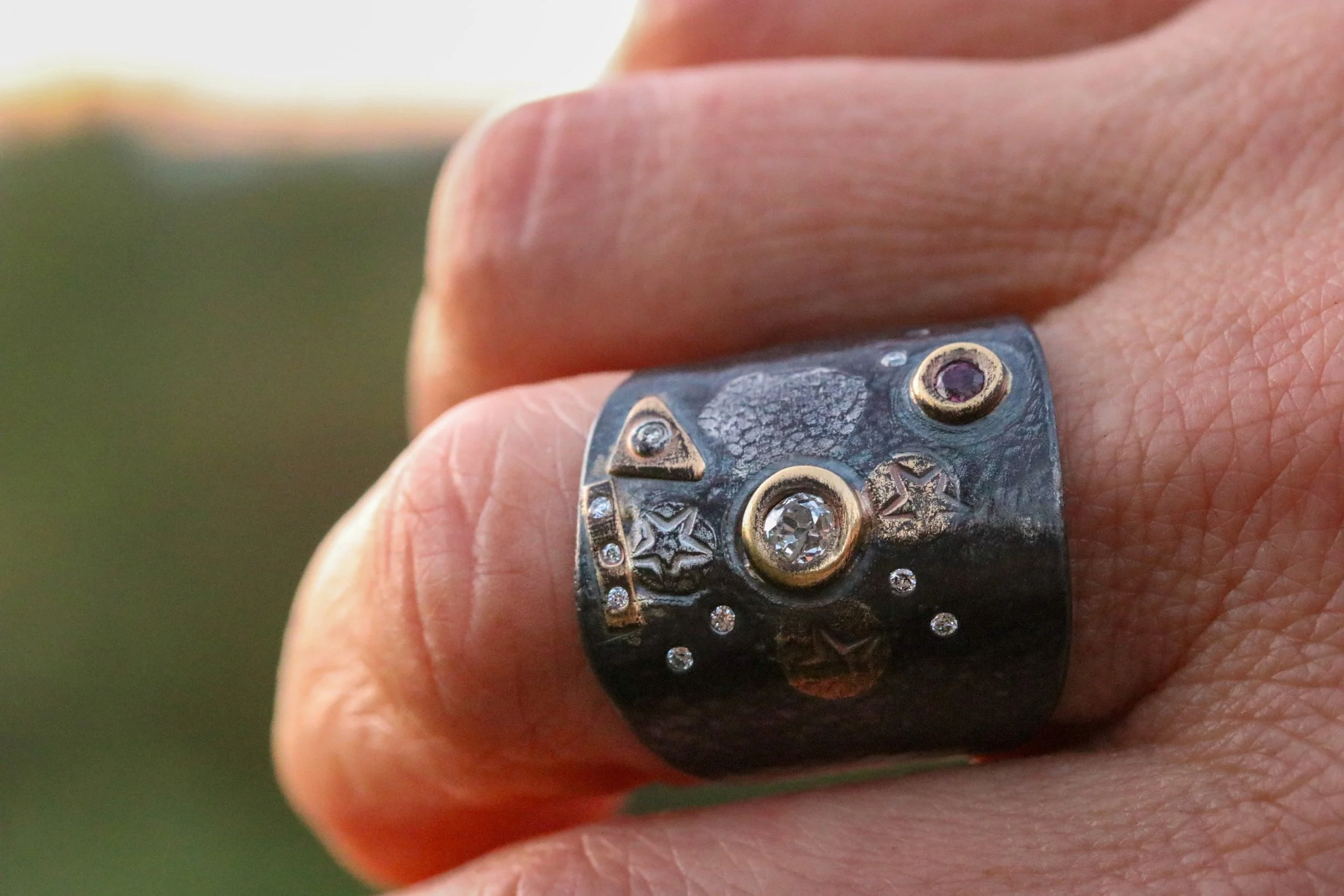 Antique Diamond & Ruby Fusion Shield Ring by Big Sur Goldsmiths