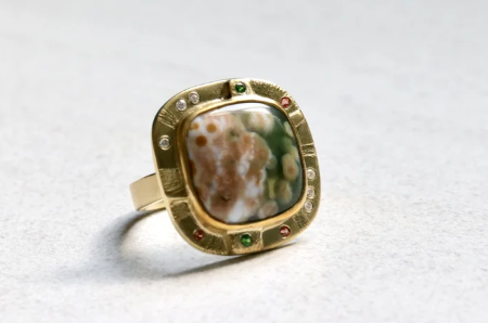 Ocean Jasper, Diamond, Padparadscha, Tsavorite Cushion Ring in 22k & !8k Gold $7,400.00