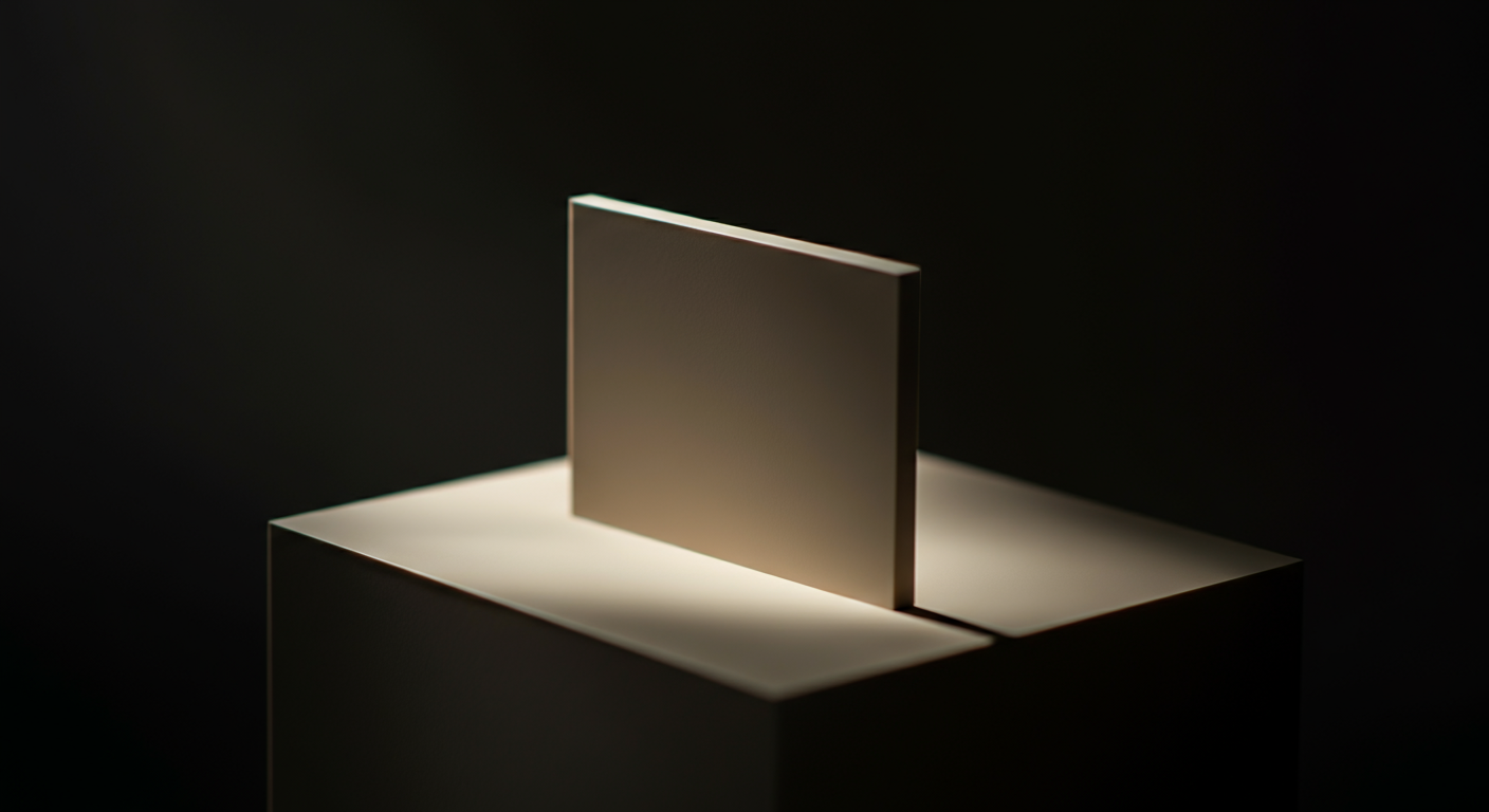 A minimalist, rectangular beige object standing upright on a white pedestal, illuminated by a focused light creating shadows in a dark environment.