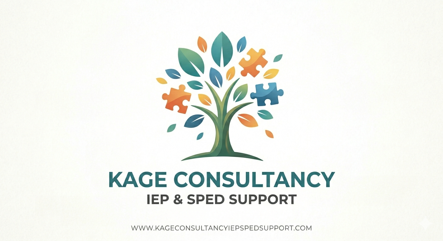 A logo featuring a stylized tree with colorful leaves and puzzle pieces embedded in the branches. Text reads "KAGE CONSULTANCY" with subtext "IEP & SPED SUPPORT" and a website link.