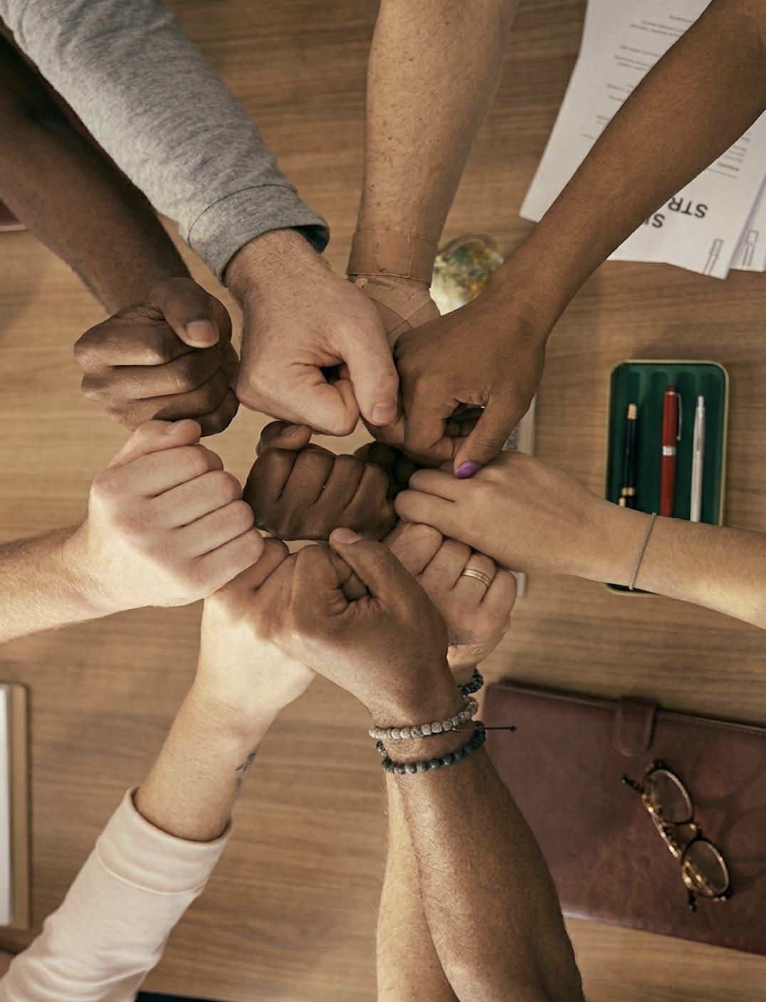 Multiple hands of diverse individuals joined together in a fist bump on a wooden table.