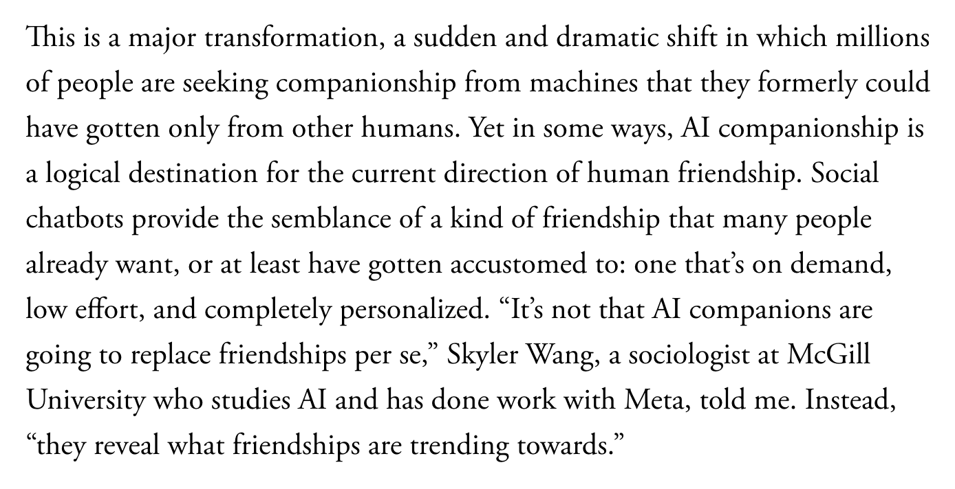Text discussing AI companionship and social chatbots replacing or augmenting human friendships, quoting sociologist Skyler Wang.