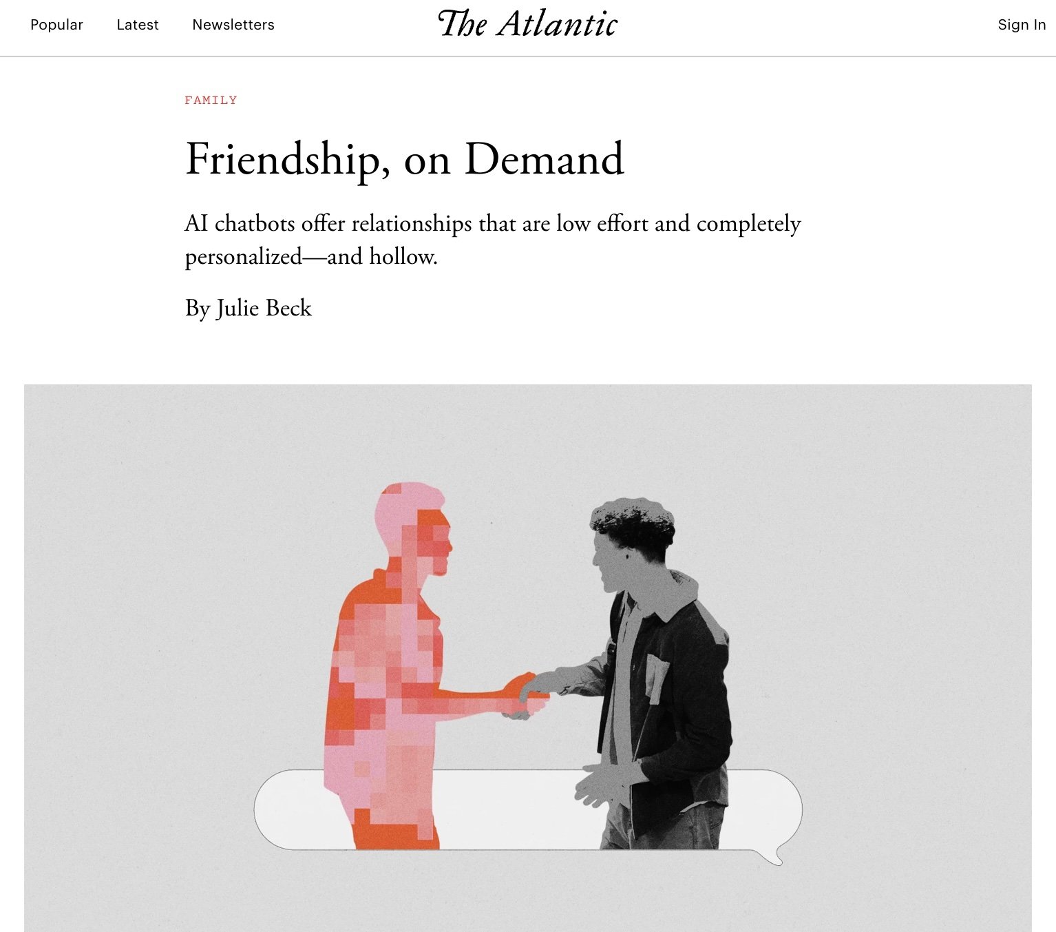 Illustration of a pixelated woman in pink and orange tones shaking hands with a young man in black and white, inside a speech bubble.