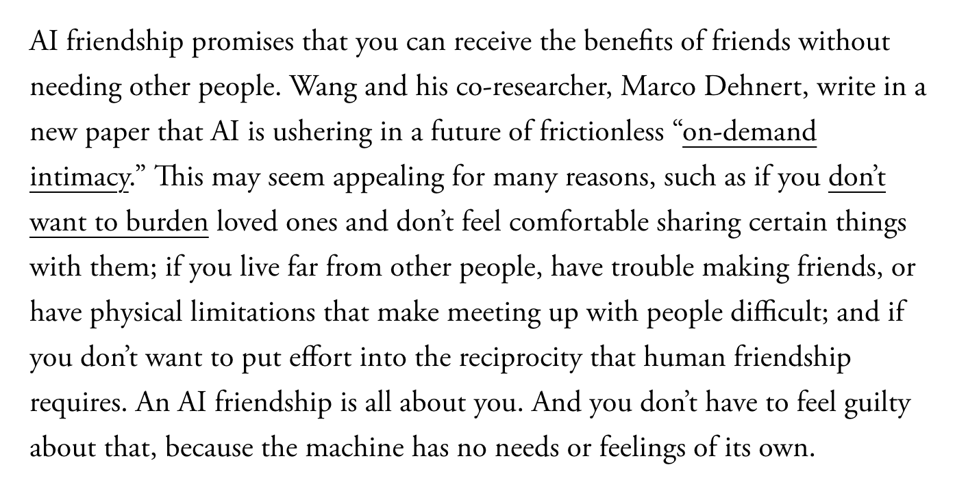 Text discussing AI friendship and emotional support, mentioning researchers Wang and Marco Dehent, and concepts like on-demand intimacy and emotional burden.