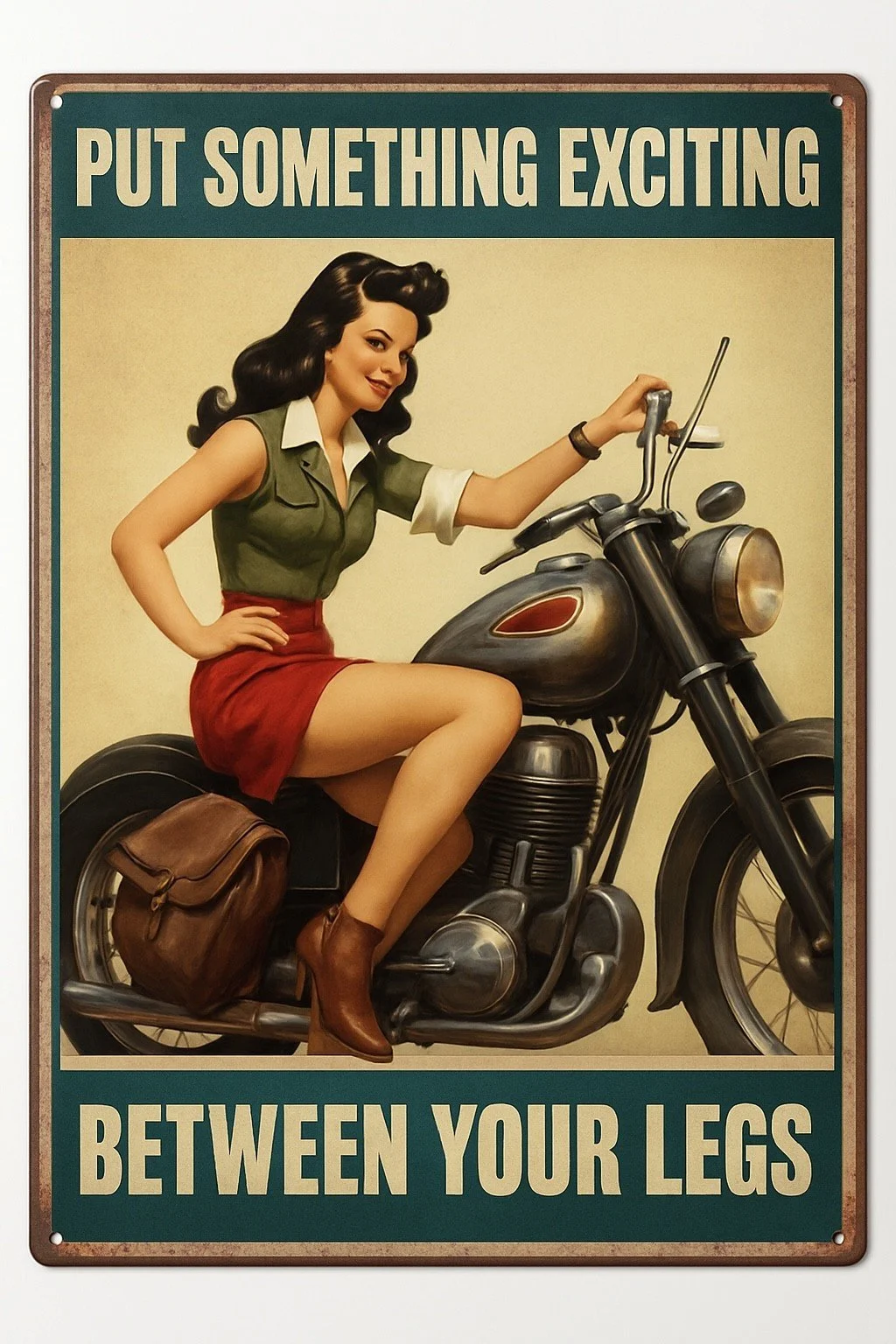 Vintage Motorcycle Pin-Up Tin Sign