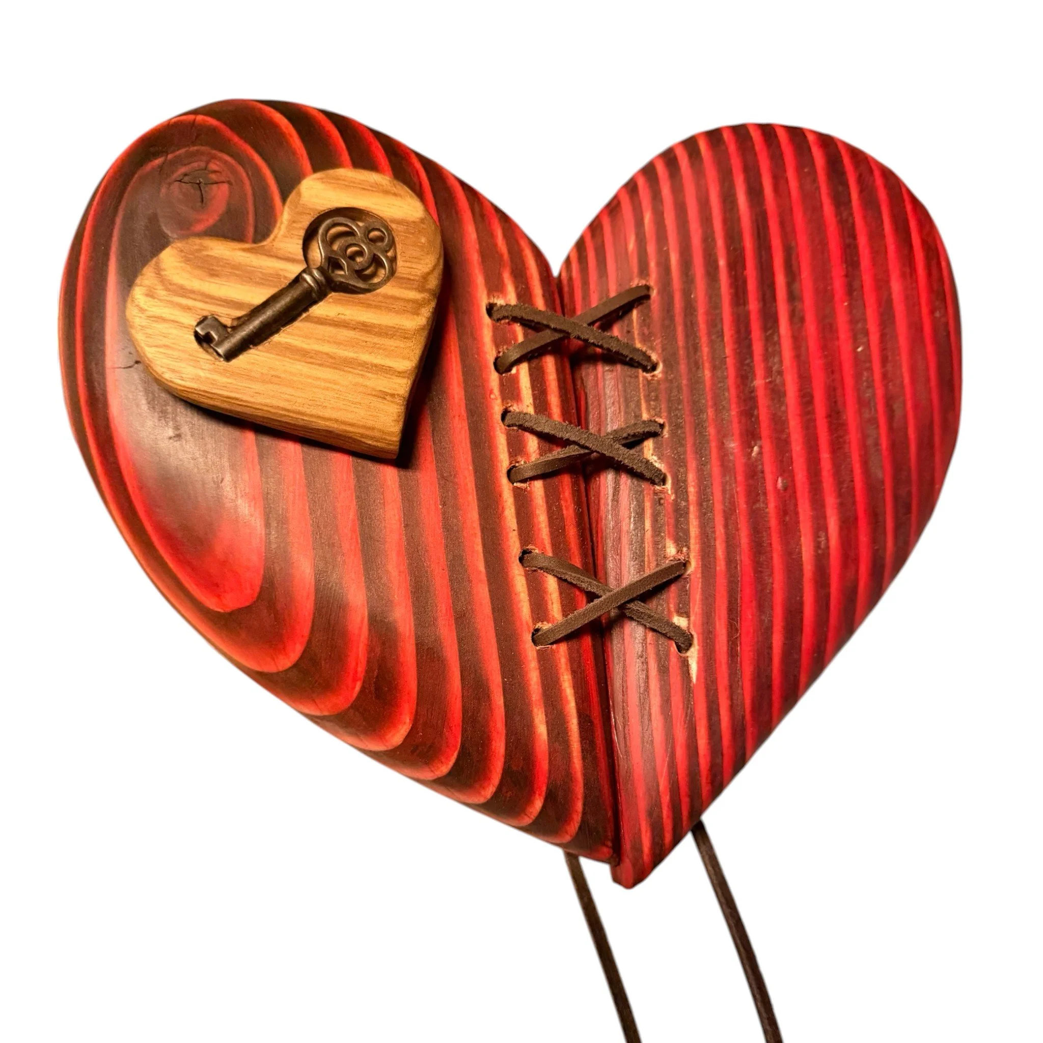 Hand-Carved Wooden Heart with Key Accent