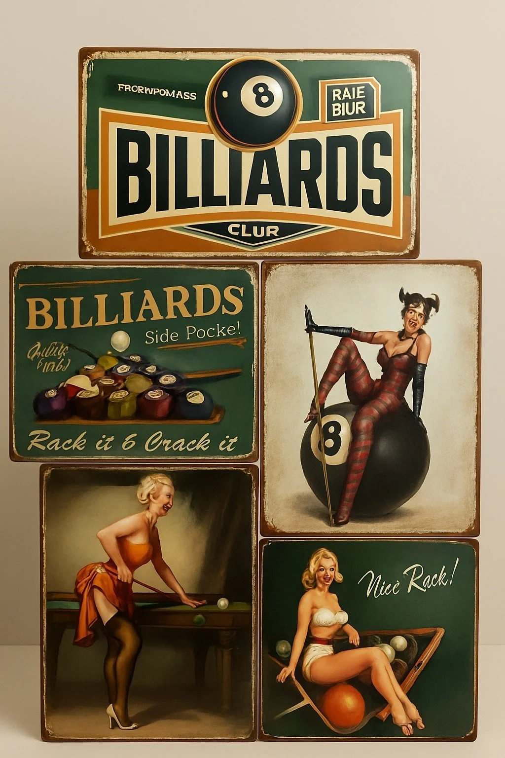 Vintage Billiards Tin Signs Set