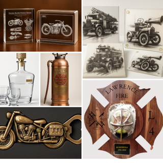 Collection of vintage and classic motorcycle and automobile items, including blueprints, photos, a fire extinguisher, a fire hydrant, a key-shaped bottle opener, and a fire department emblem.