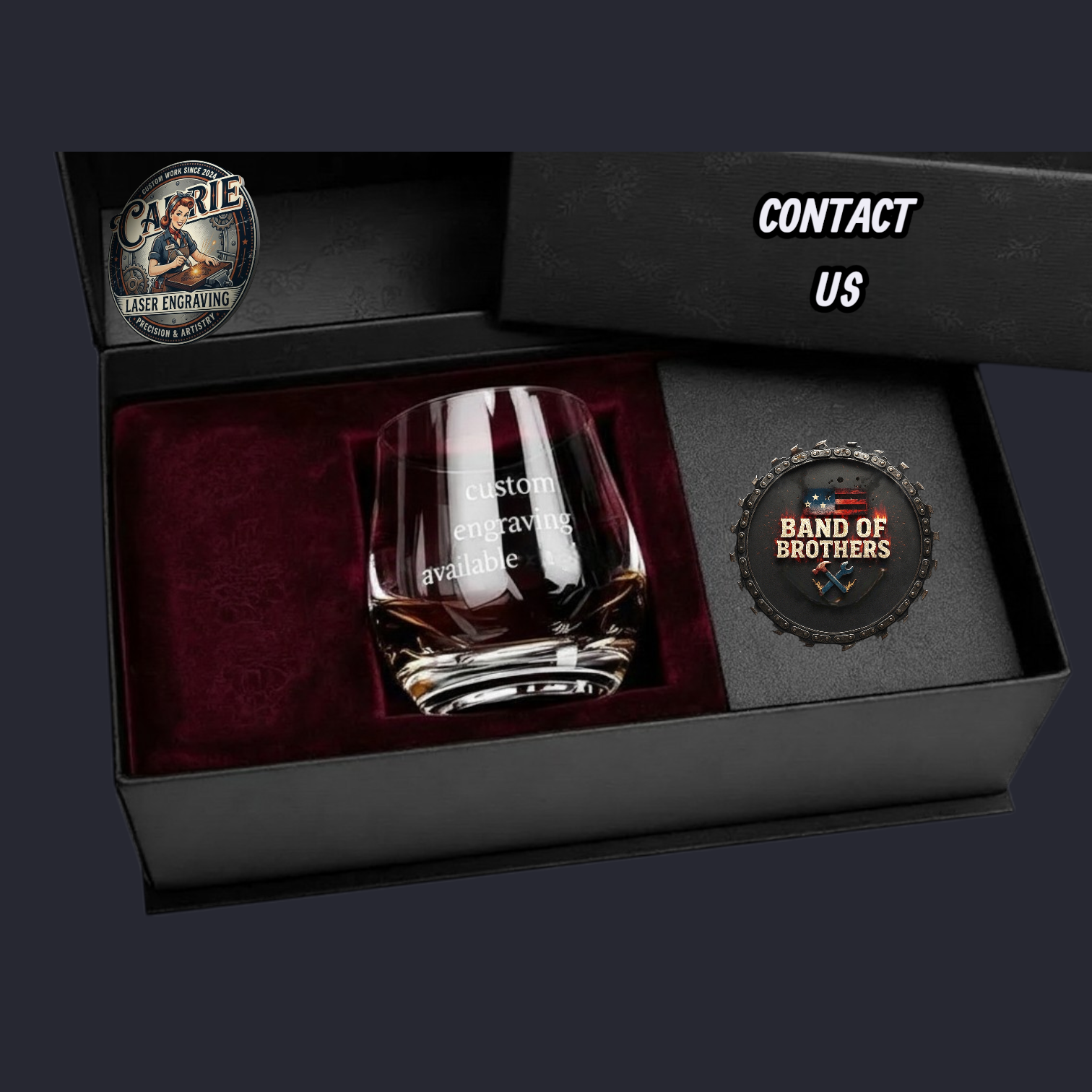 A glass of whisky in a gift box with custom engraving available, branded with 'Band of Brothers' logo, inside a black box with red velvet lining and a 'Contact Us' note.