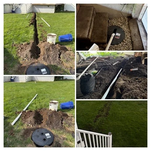 Sequence of images showing installation of a sewer or drainage system in a yard, including digging trenches, laying pipes, and covering them with soil.
