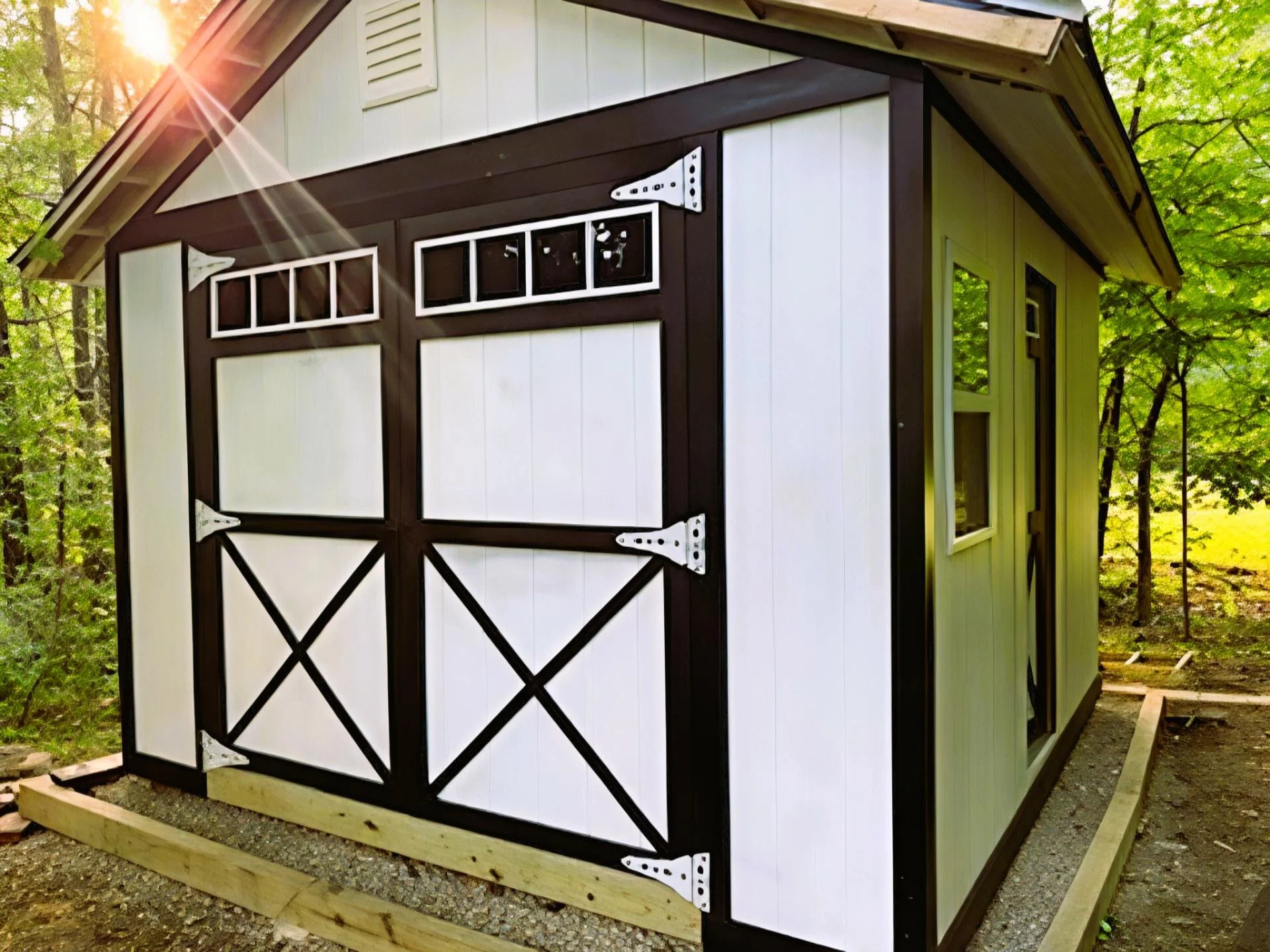 Small shed with a black and white exterior and a large barn-style door, located in a wooded area.