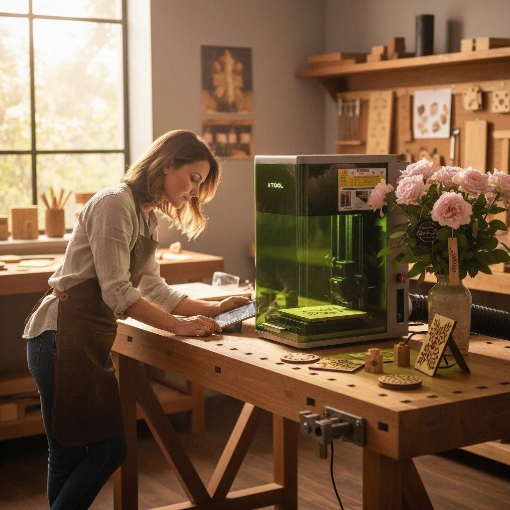 A woman in a woodworking shop looks at a tablet near a 3D printer on a wooden workbench, with woodcrafts and pink flowers nearby.
