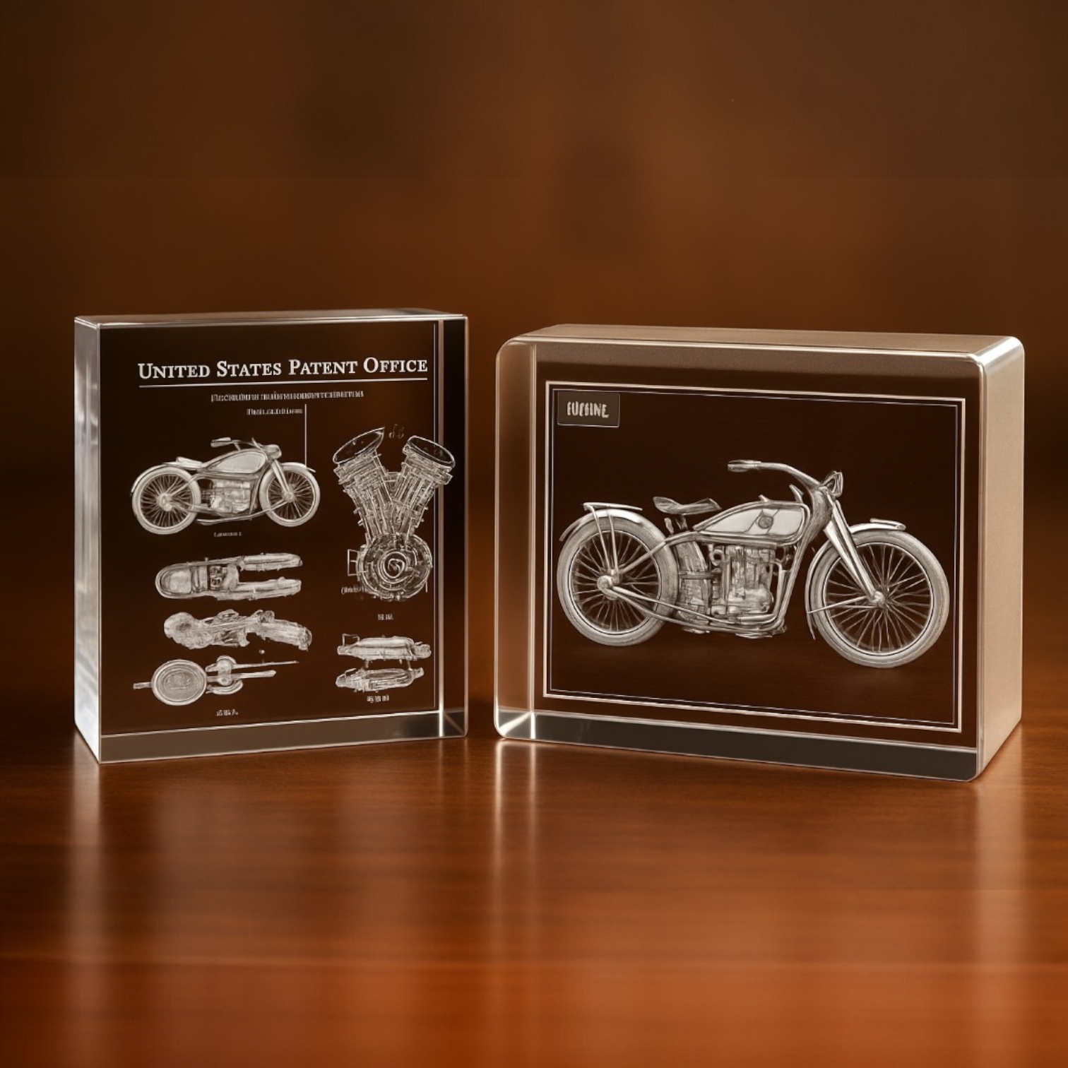 Two glass sculptures of motorcycles, one with detailed patent drawings and the other a full side view labeled 'EUGENE,' displayed on a wooden surface.