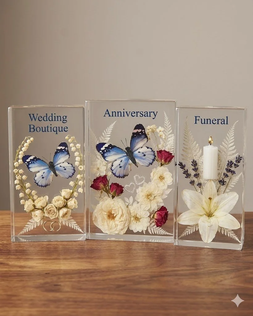 Decorative plaques with butterflies, flowers, and text labeling "Wedding Boutique," "Anniversary," and "Funeral."