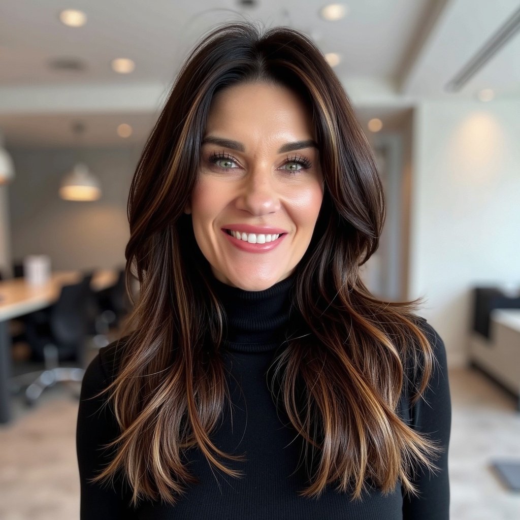 A woman with long, wavy brown hair and green eyes smiling in an office environment.