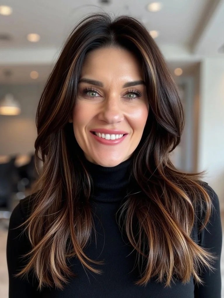 A woman with long, wavy brown hair and green eyes smiling, wearing a black turtleneck, in an indoor setting with blurred background.