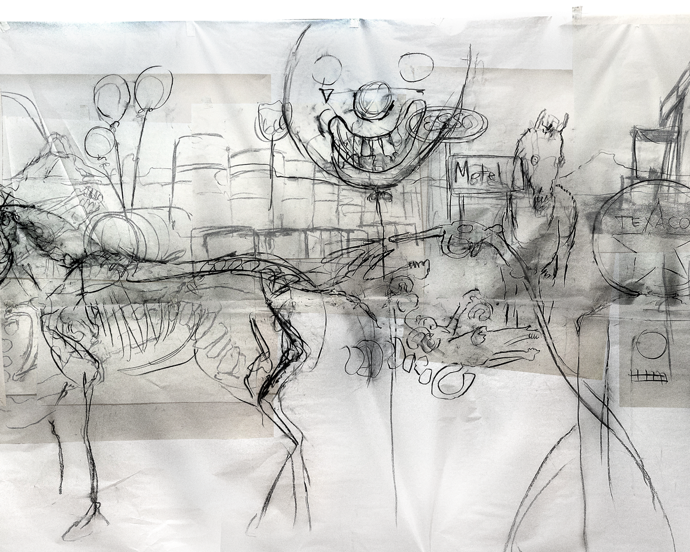 New drawing on tracing paper to further develop layers of information. These drawing were photographed and added to the file for manipulation and editing.