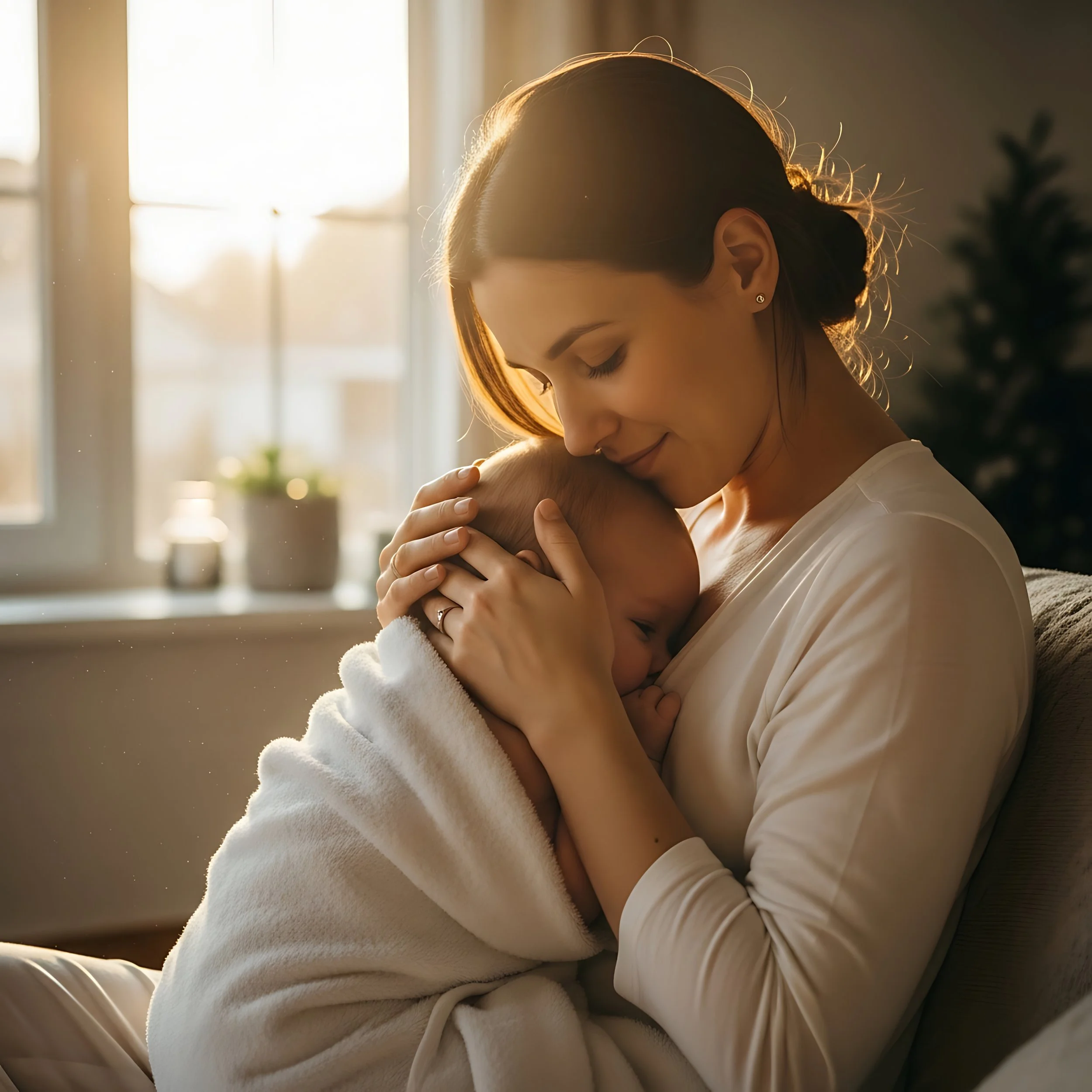 A woman with dark hair, breastfeeding a baby and smiling softly in a warmly lit room with natural sunlight streaming through a window.